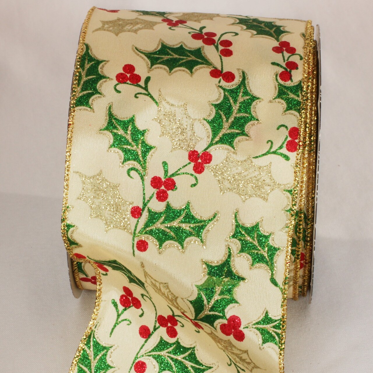 The Ribbon People Beige and Green Mistletoe Kisses Wired Craft Ribbon 4" x 20 Yards